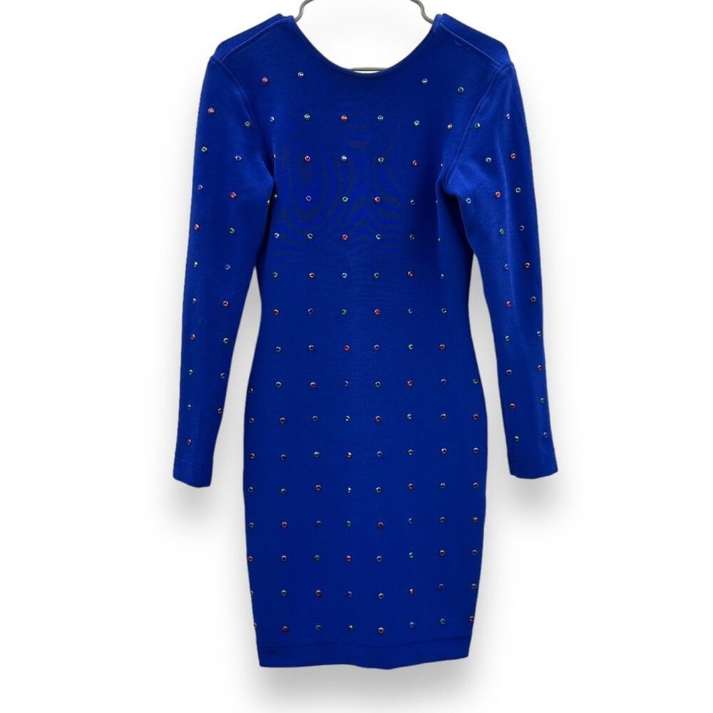 Vintage‎ Tadashi 80s Blue Jeweled Bling Bodycon Sheath Knit Knee Length Dress